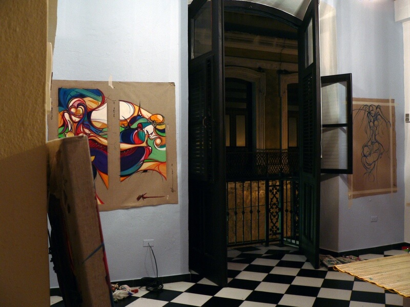Photo of works in progress by artist Michael J. Korber in oil on linen at his  Atelier in Old San Juan, Puerto Rico