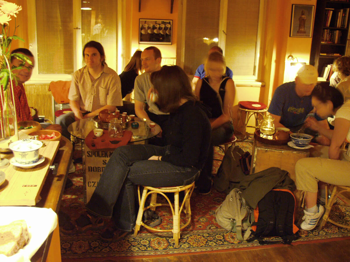 Photo of artist Michael Korber with Friends in the Tea Room, Czech Republic